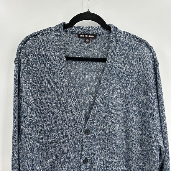 MICHAEL KORS Blue White Knit 100% Linen Button Up Cardigan Sweater Size XXL - Picture 3 of 6